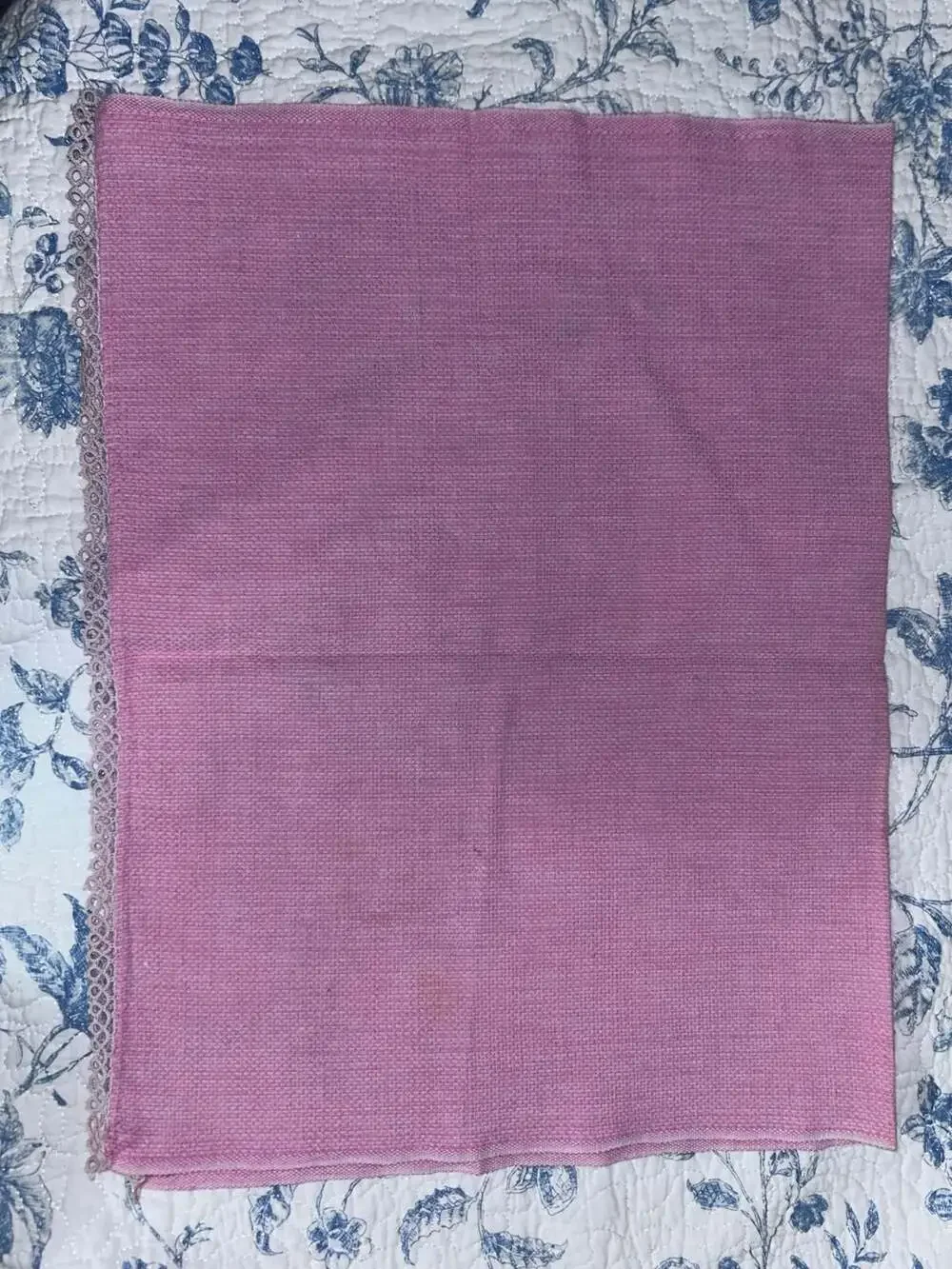 Vintage Hand Embroidered Pink Napkin with Lace Edge